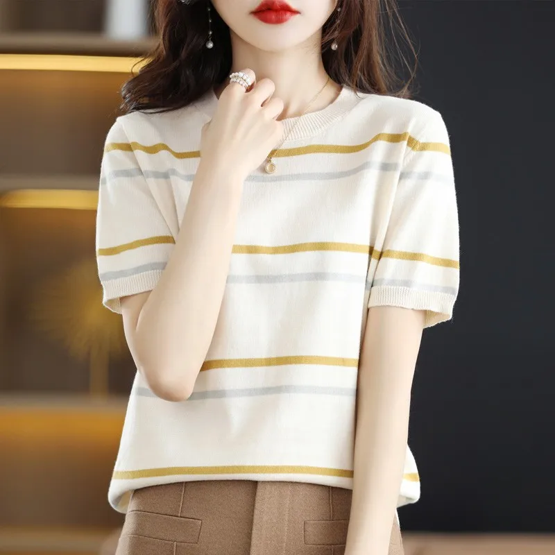 Women Tshirts Spring Summer 2025 Short Sleeve O-neck Knit Tops Stripe Korean Fashion Pullovers Bottoming Shirt casual knitwears - Image 3