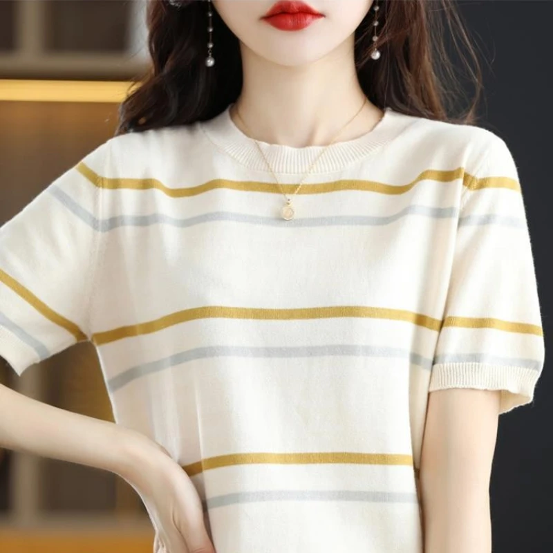 Women Tshirts Spring Summer 2025 Short Sleeve O-neck Knit Tops Stripe Korean Fashion Pullovers Bottoming Shirt casual knitwears - Image 4