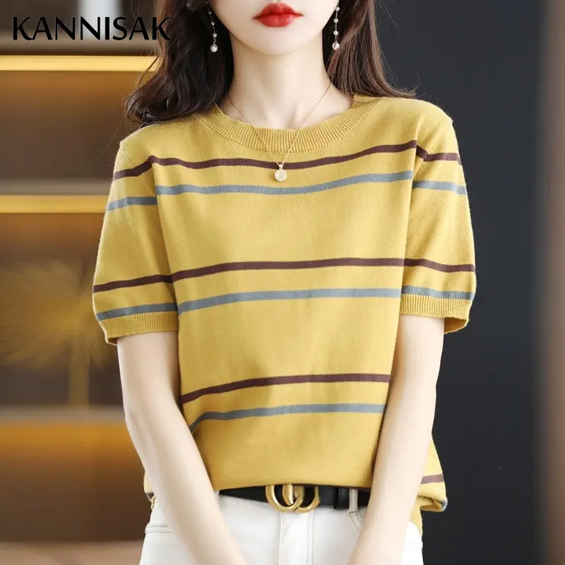 Women Tshirts Spring Summer 2025 Short Sleeve O-neck Knit Tops Stripe Korean Fashion Pullovers Bottoming Shirt casual knitwears - Image 2