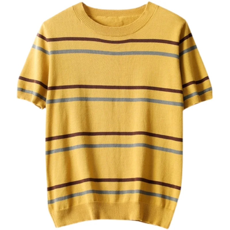 Women Tshirts Spring Summer 2025 Short Sleeve O-neck Knit Tops Stripe Korean Fashion Pullovers Bottoming Shirt casual knitwears - Image 6