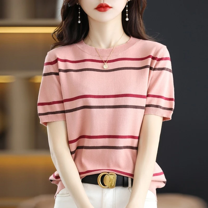 Women Tshirts Spring Summer 2025 Short Sleeve O-neck Knit Tops Stripe Korean Fashion Pullovers Bottoming Shirt casual knitwears